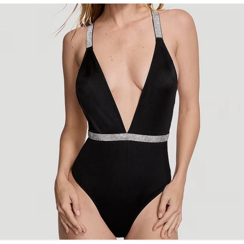 Victoria’s Secret Swim Bling Shine Strap Plunge one piece swimsuit Small